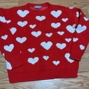 Marled Red and White Heart Crew Neck Sweater